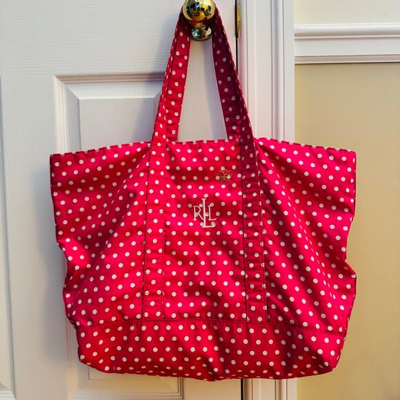 Ralph Lauren Hot Pink White Large Polka Dot Nylon Washable Tote Bag - Picture 1 of 11